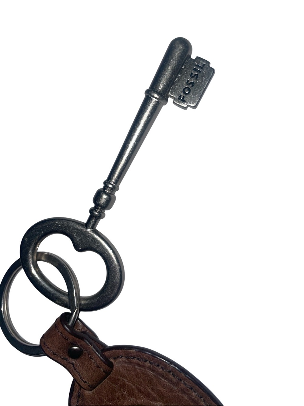 Vintage Leather Fossil Oval Keyring Key Fob With Original Metal Skeleton Key - Picture 6 of 7